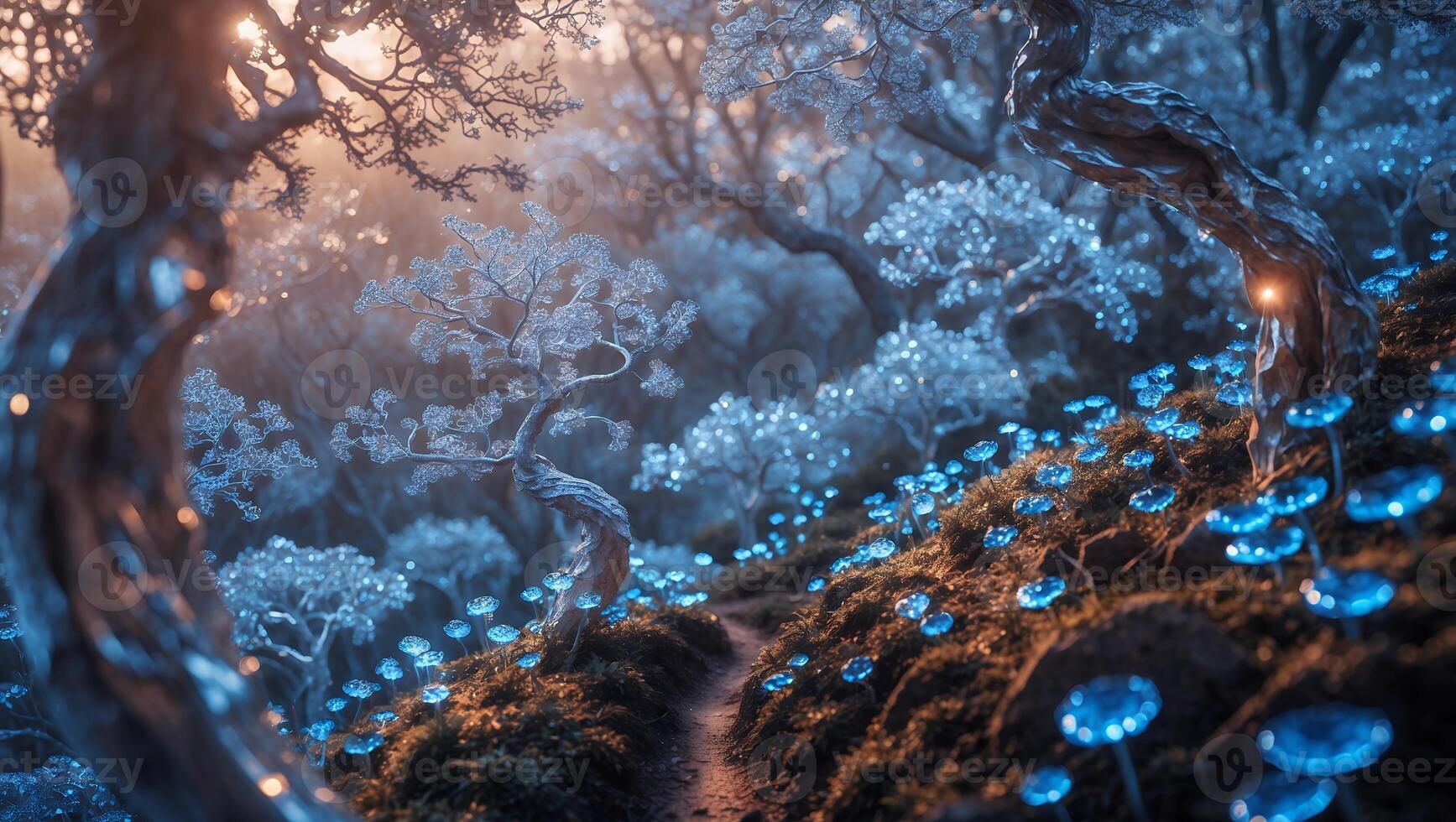 Enchanted Forest Path with Glowing Mushrooms and Mystical Atmosphere photo