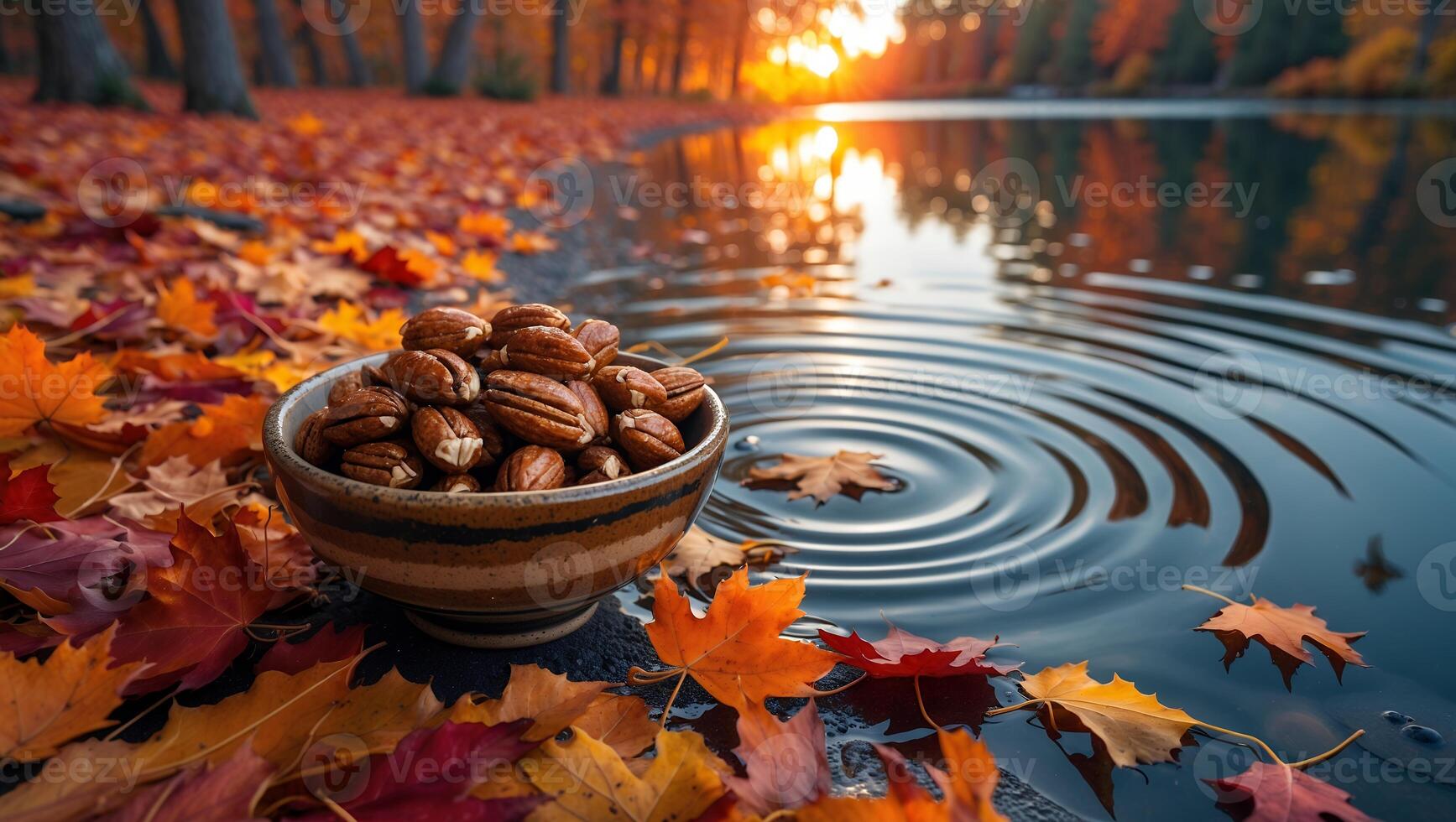Pecans in Bowl by Lake with Autumn Leaves and Sunset Glow photo