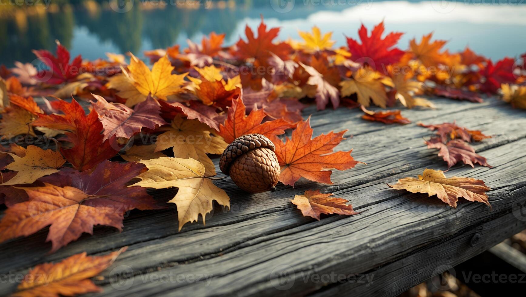 Colorful Autumn Leaves and Acorn on Weathered Wood Surface Near Water photo