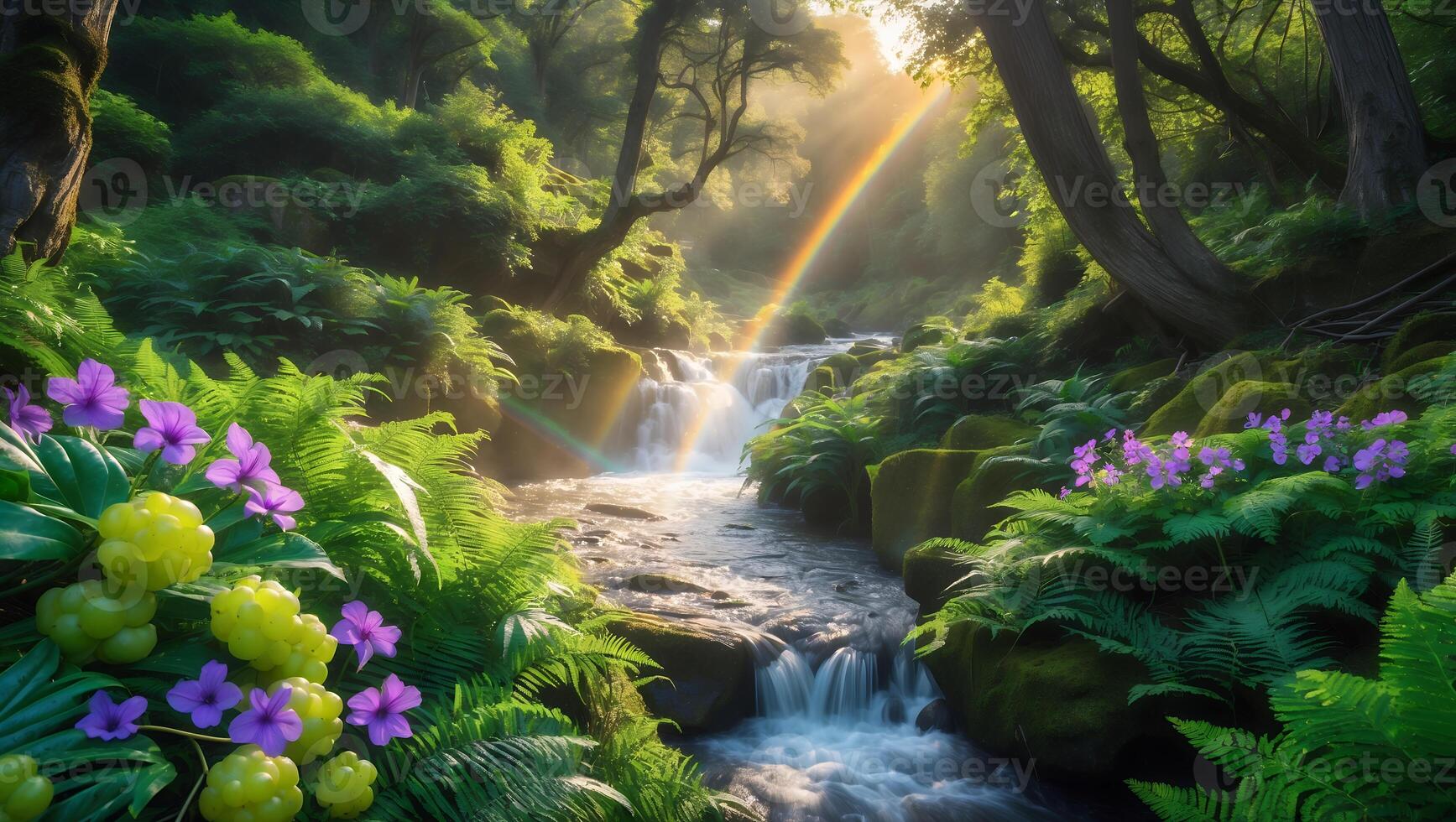 Cascading Waterfall Through Lush Forest with Rainbow and Purple Flowers photo