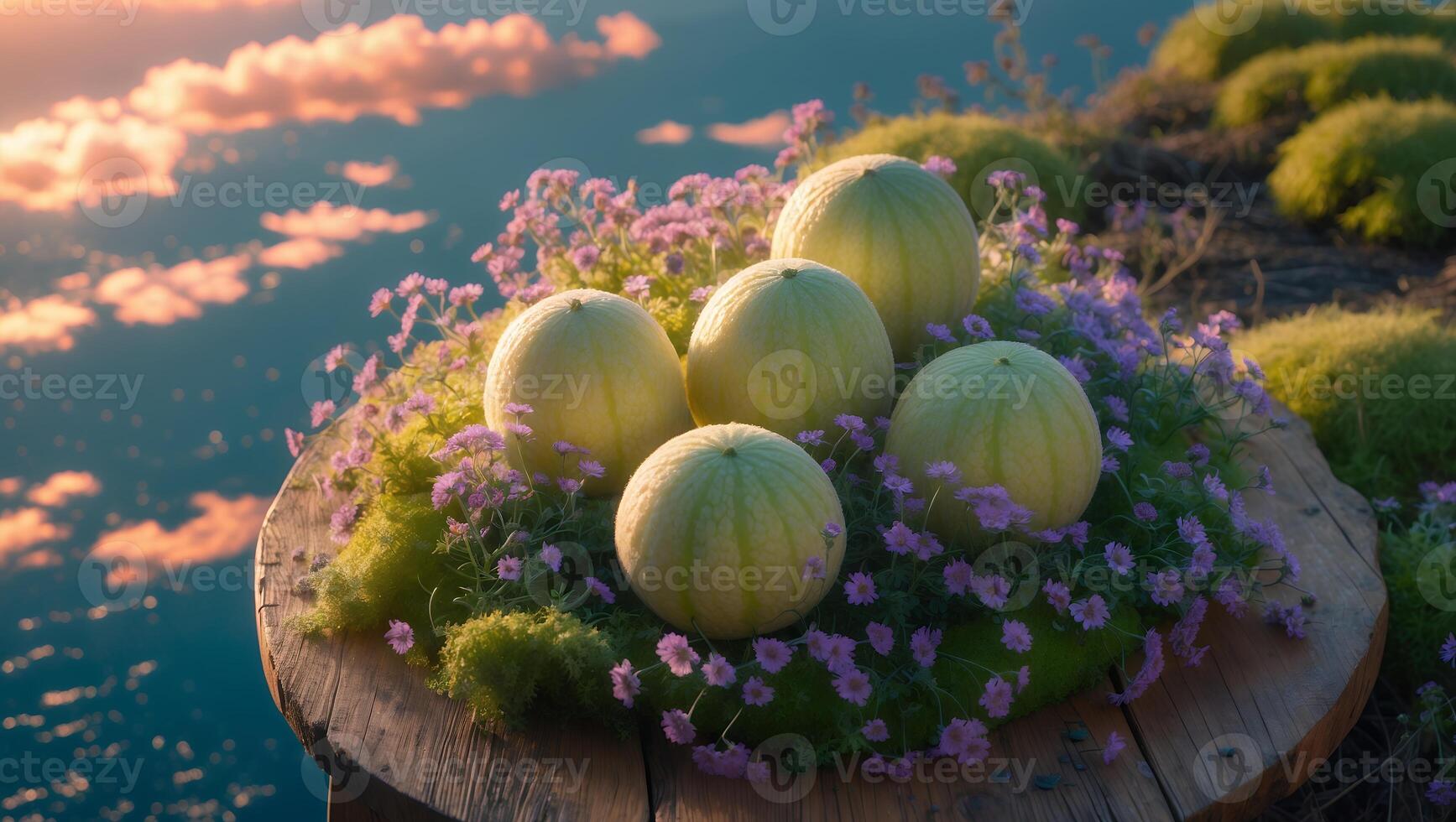 Arrangement of Melons with Moss and Flowers on Wooden Surface photo