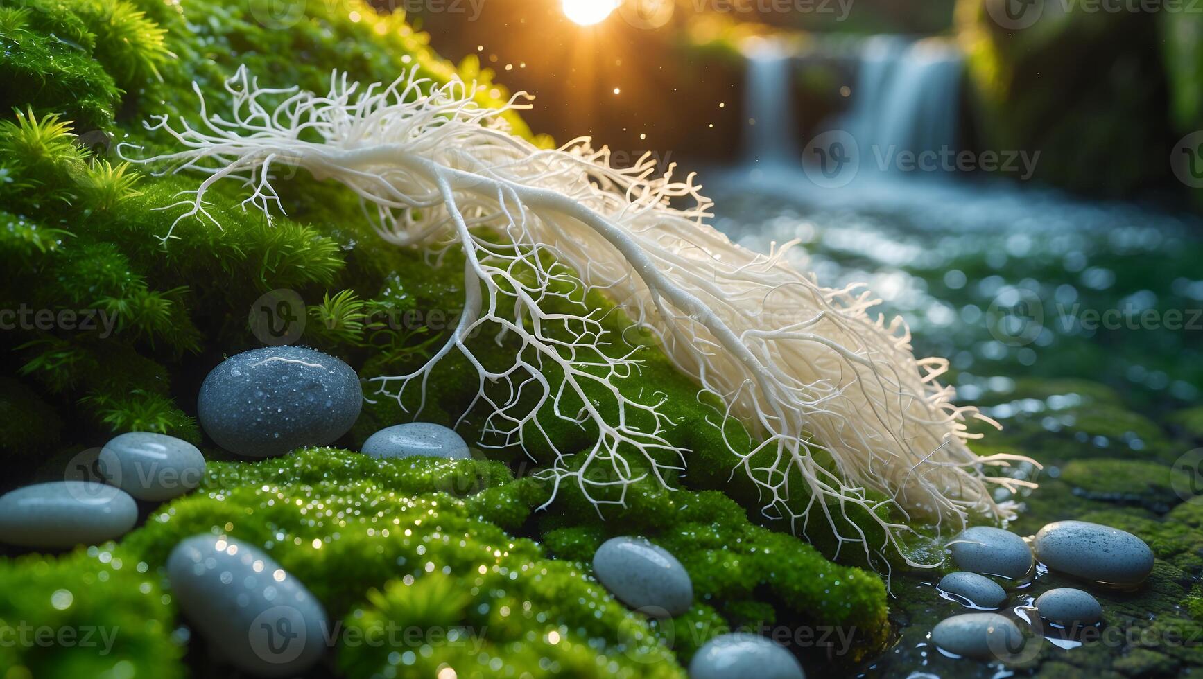 Moss and Stones by Waterfall with Branch in Golden Sunlight photo