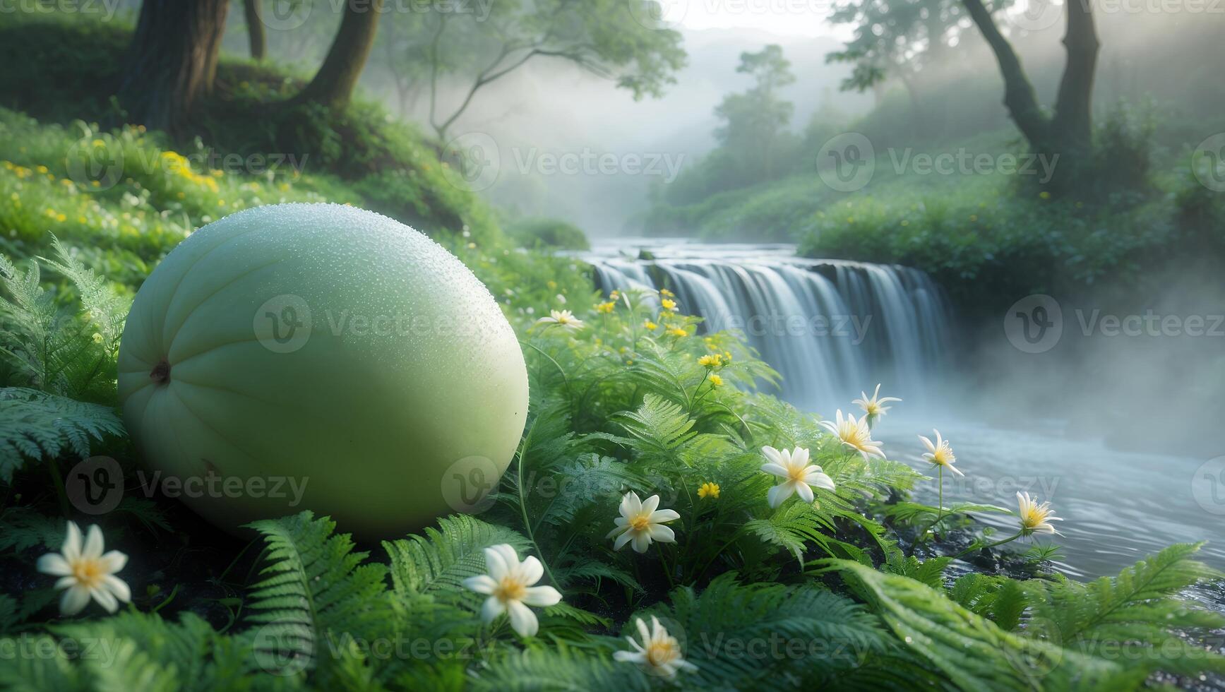 Relaxing Waterfall Scene with Green Melon and Wildflowers in Fog photo
