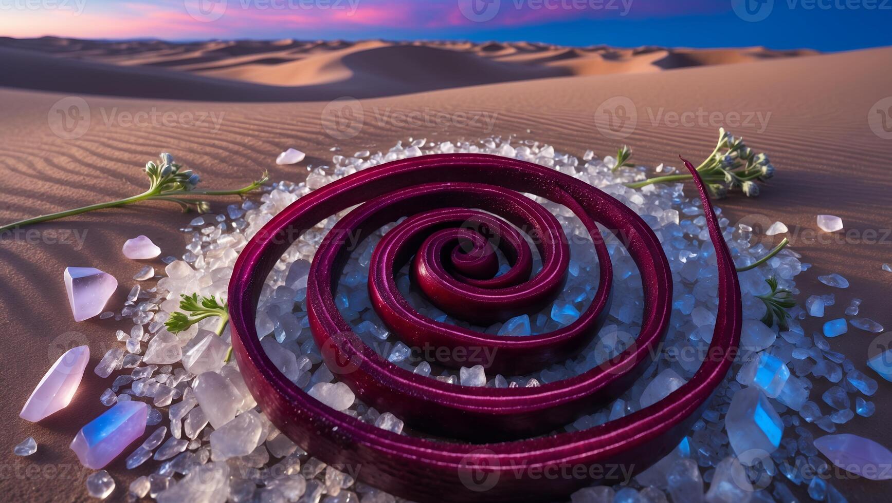 Spiral Object in Desert Landscape with Crystals and Small Plant photo