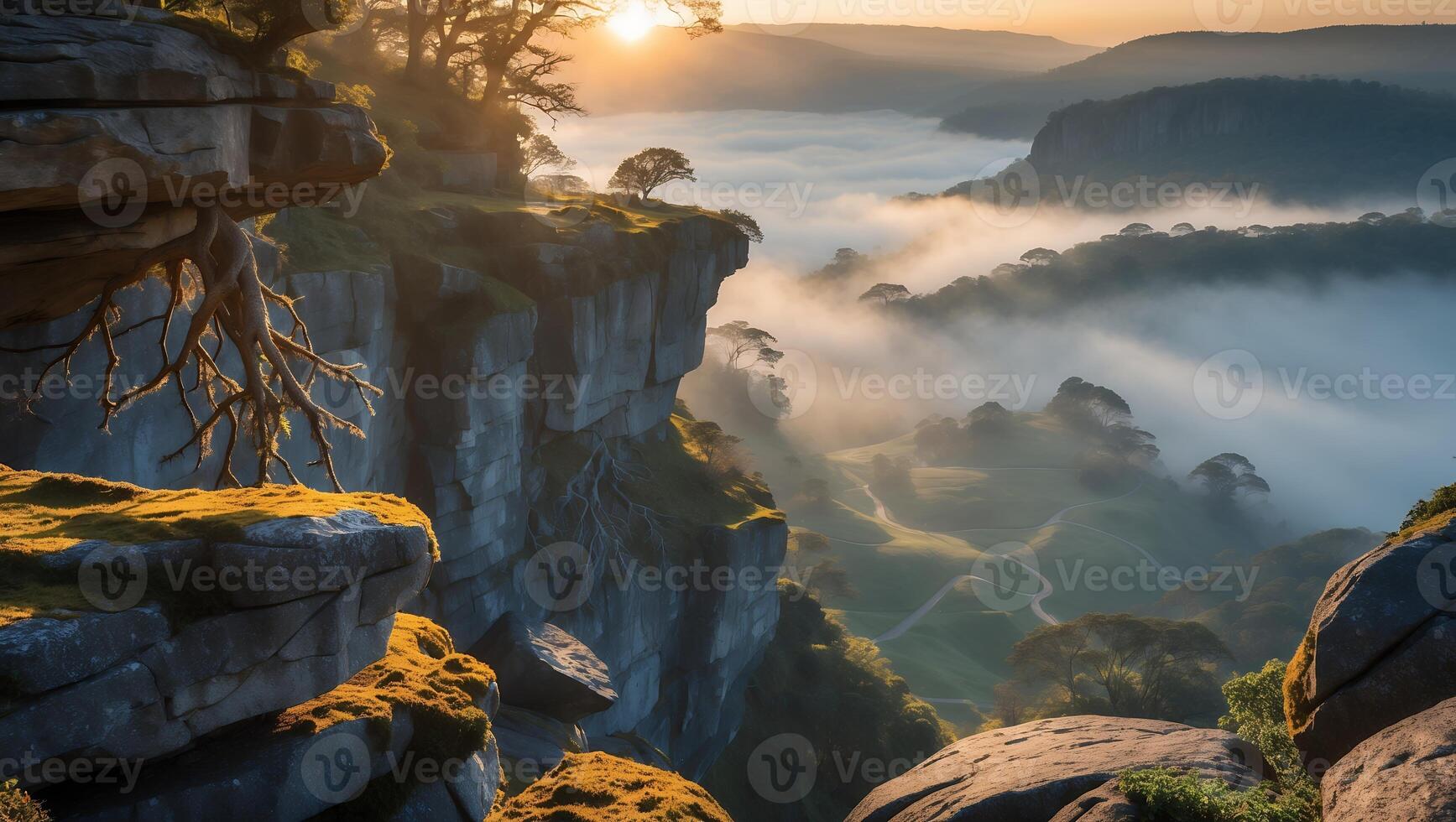 Cliffside View with Morning Fog Rolling Through Green Valley Landscape photo