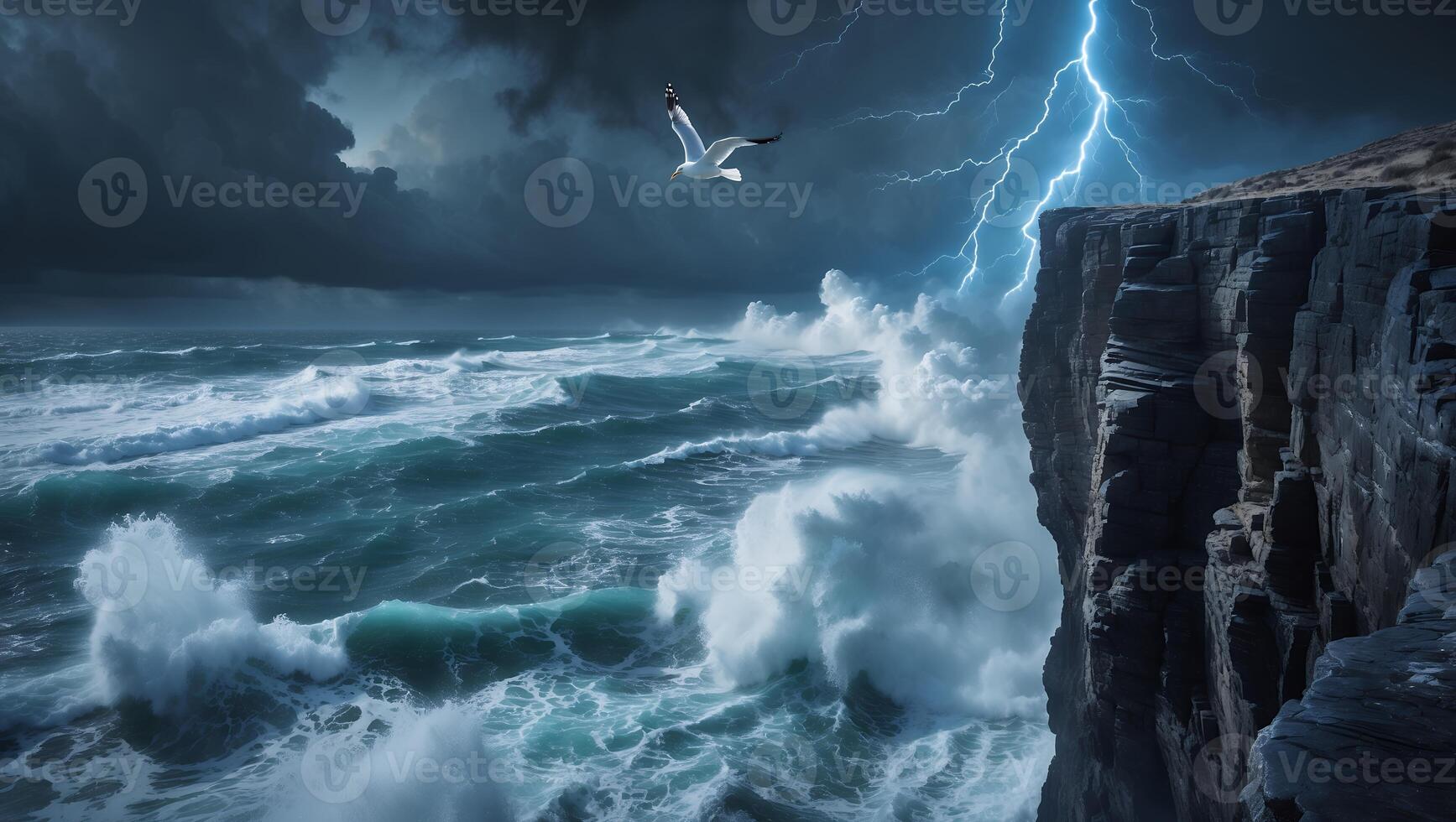 Seagull Flying Over Rough Sea Near Cliff with Lightning Strike photo
