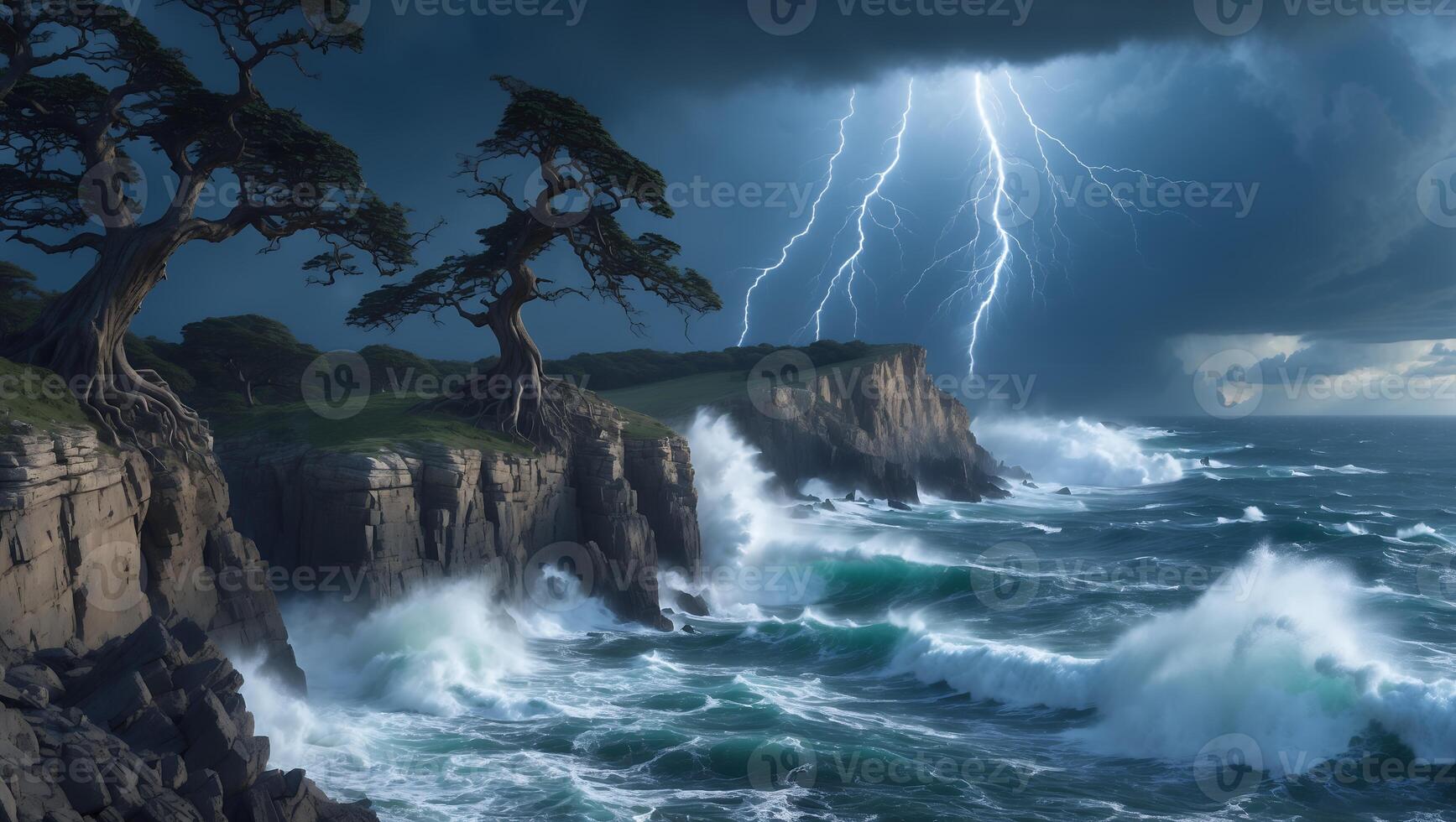 Stormy Ocean Landscape with Cliffs, Trees and Lightning Strike photo