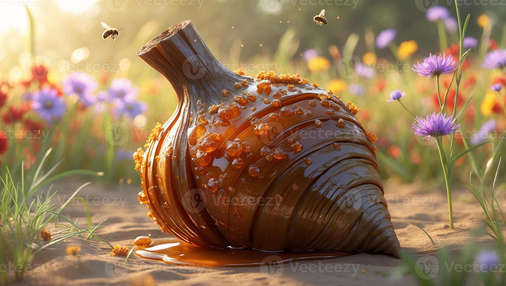 Glowing Brown Bulbous Object with Bees Flying in Flower Field photo