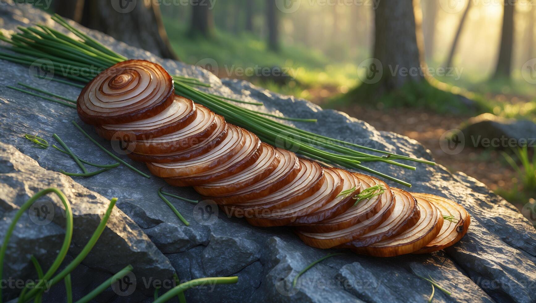 Arrangement of Onion Slices with Chives on a Natural Stone Surface photo