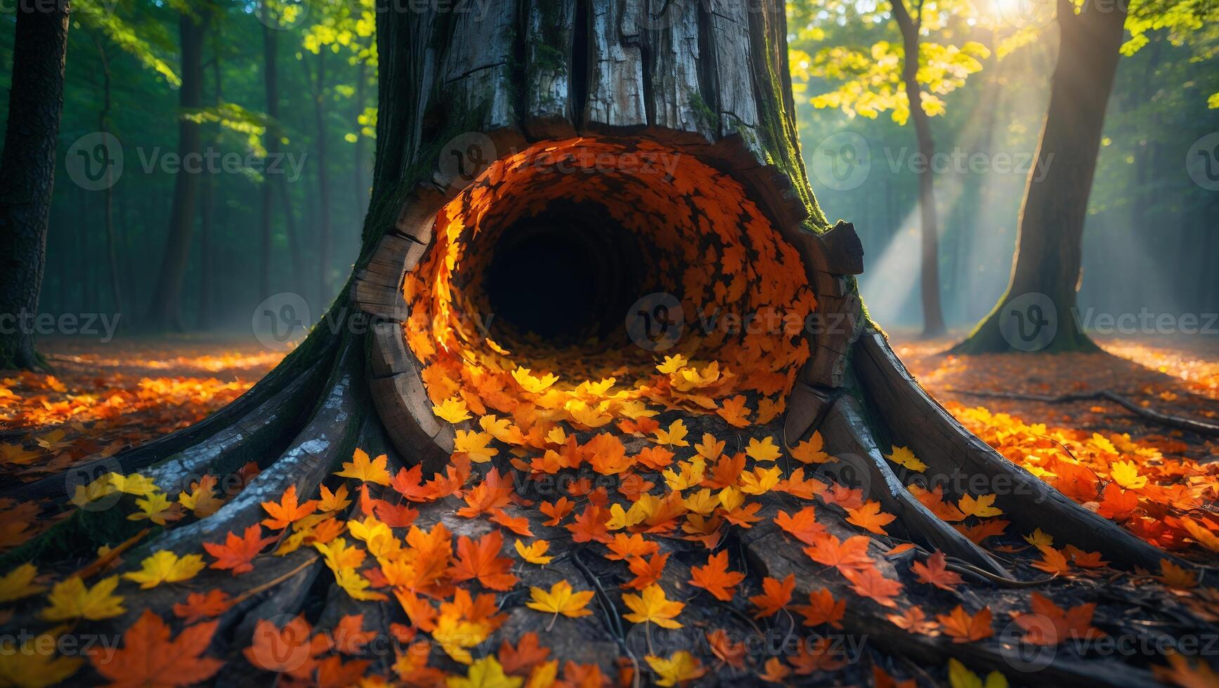 Tree Hollow Filled with Autumn Leaves in Forest Sunlight photo