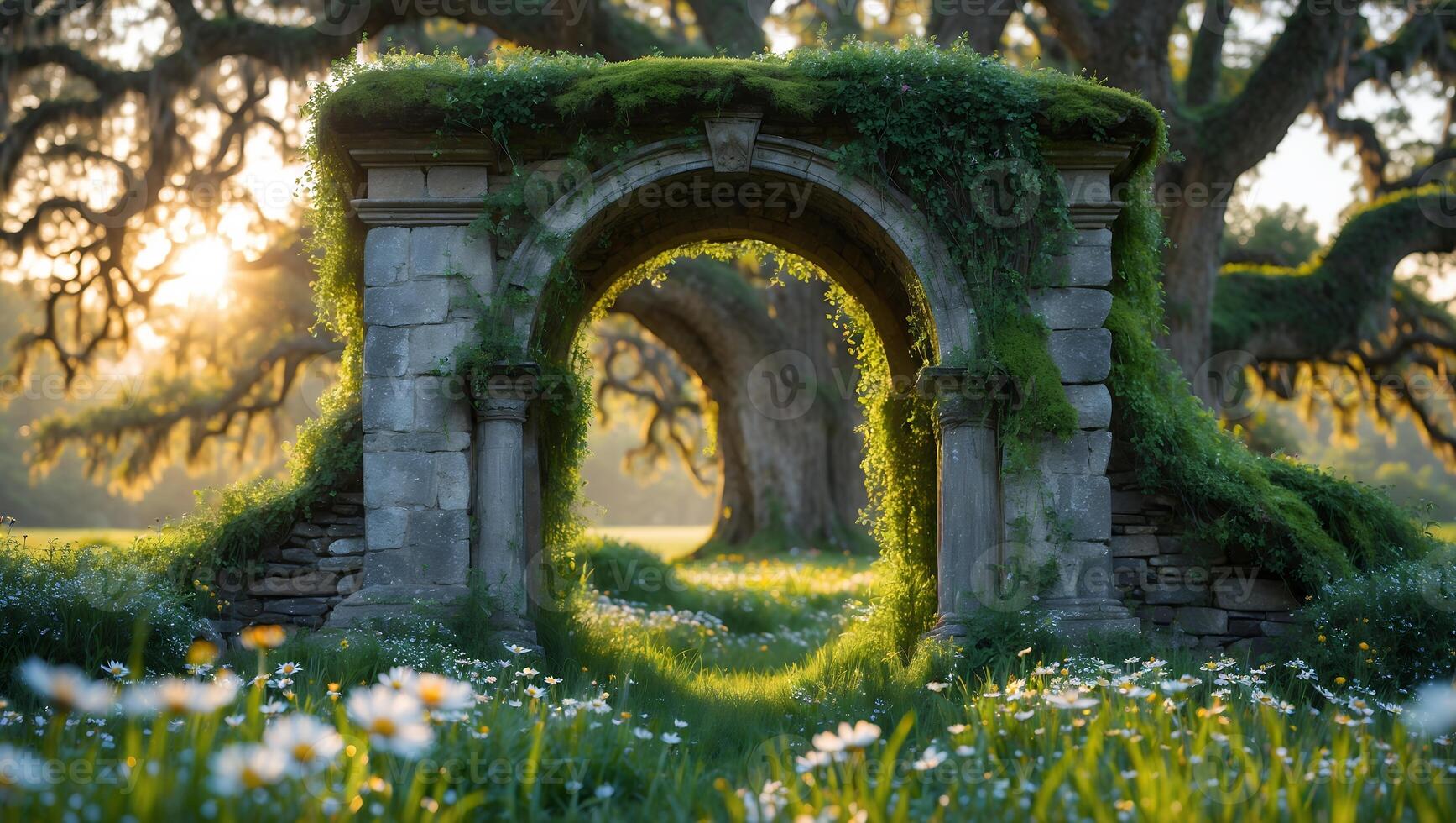 Stone Archway in Meadow with Wildflowers at Golden Hour Light photo