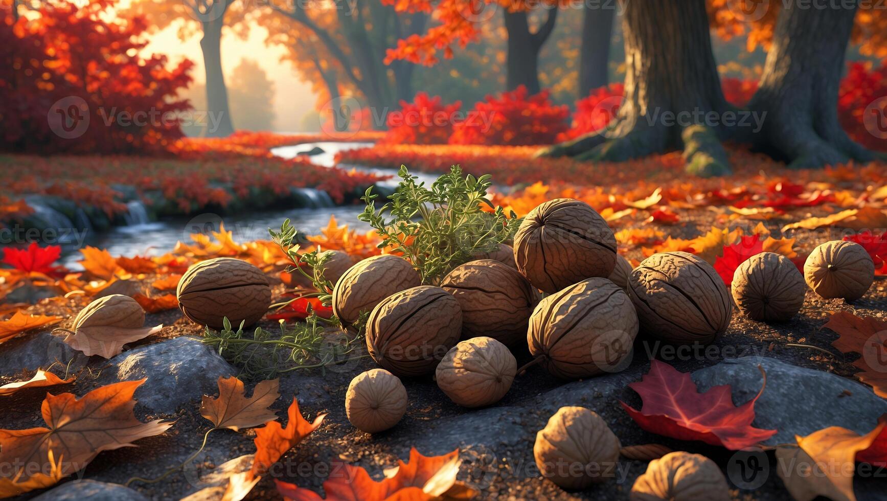 Walnuts in Autumn Landscape Near Stream with Red and Orange Leaves photo