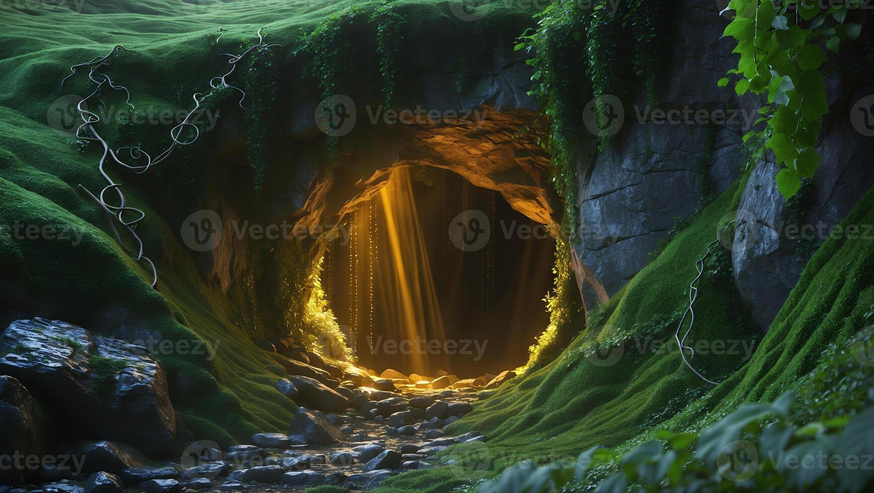 Cave Entrance Glowing with Sunlight Shining Through, Covered in Green Moss photo