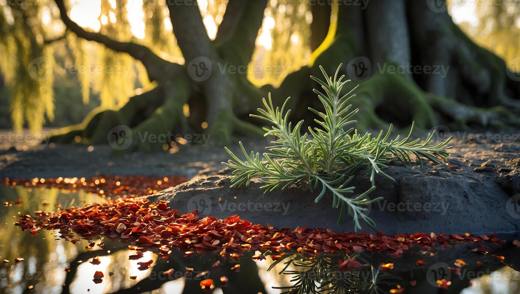 Rosemary Growing Near Pond and Fallen Leaves Under Large Tree photo