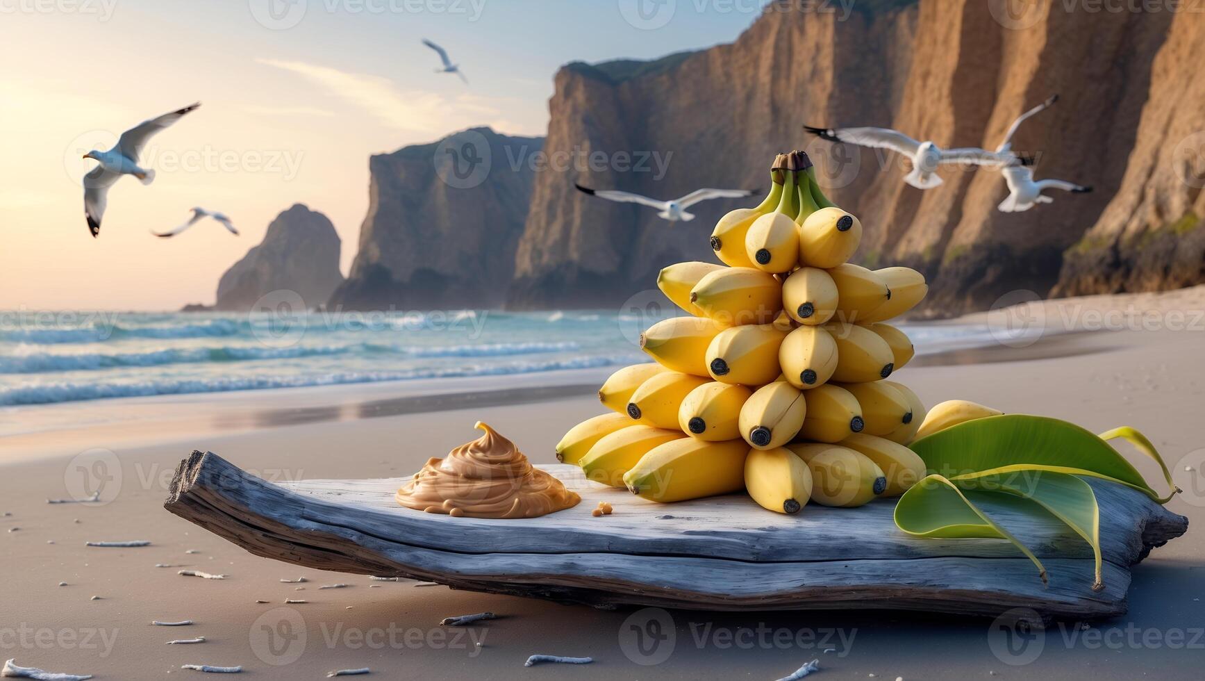 Bananas with Peanut Butter on Beach with Seagulls Flying photo