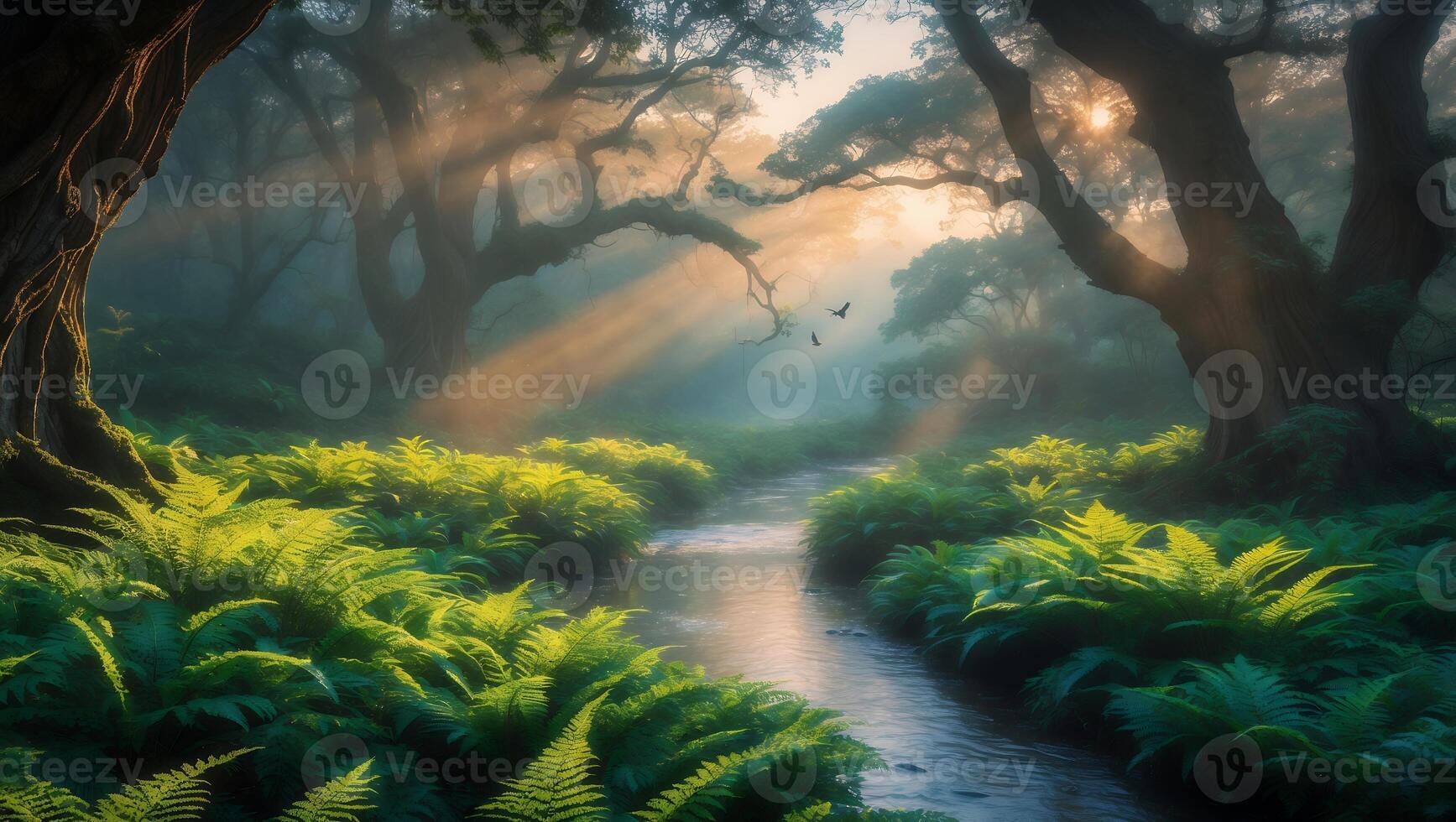 Stream Flowing Through Enchanted Forest with Ferns and Sunlight Rays photo