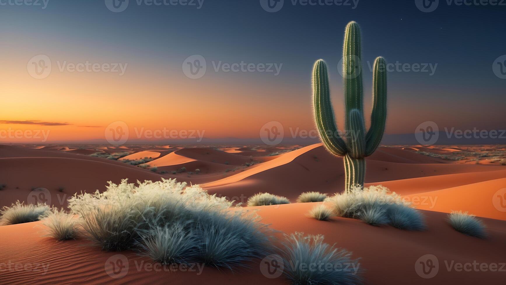 Cactus in Desert at Sunset with Sand Dunes and Hazy Grass photo