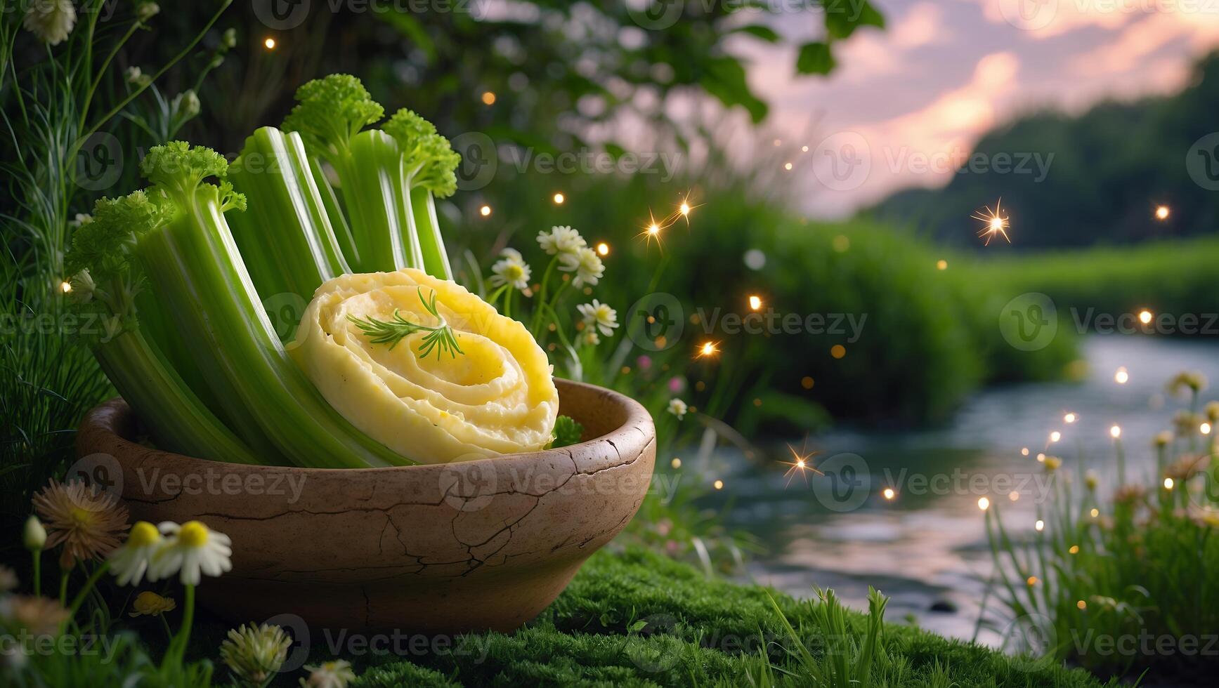 Celery and Mashed Potatoes in Nature Setting with Dreamy Sparkles photo