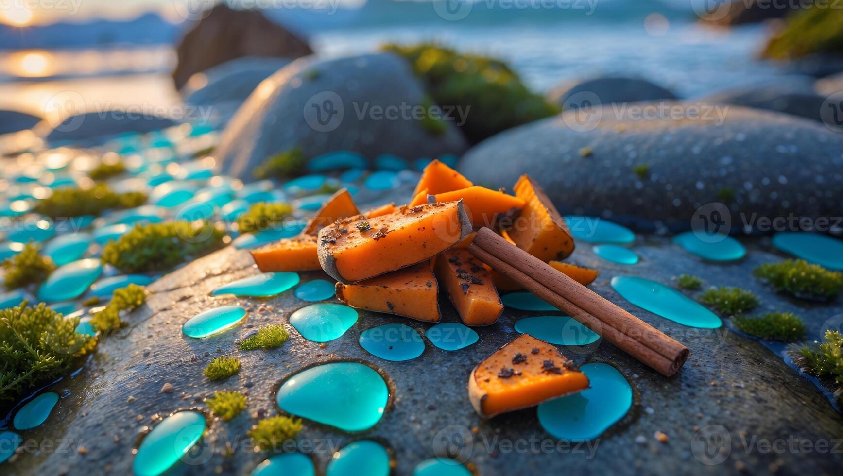 Butternut Squash and Cinnamon Stick on Coastal Rock Formation photo