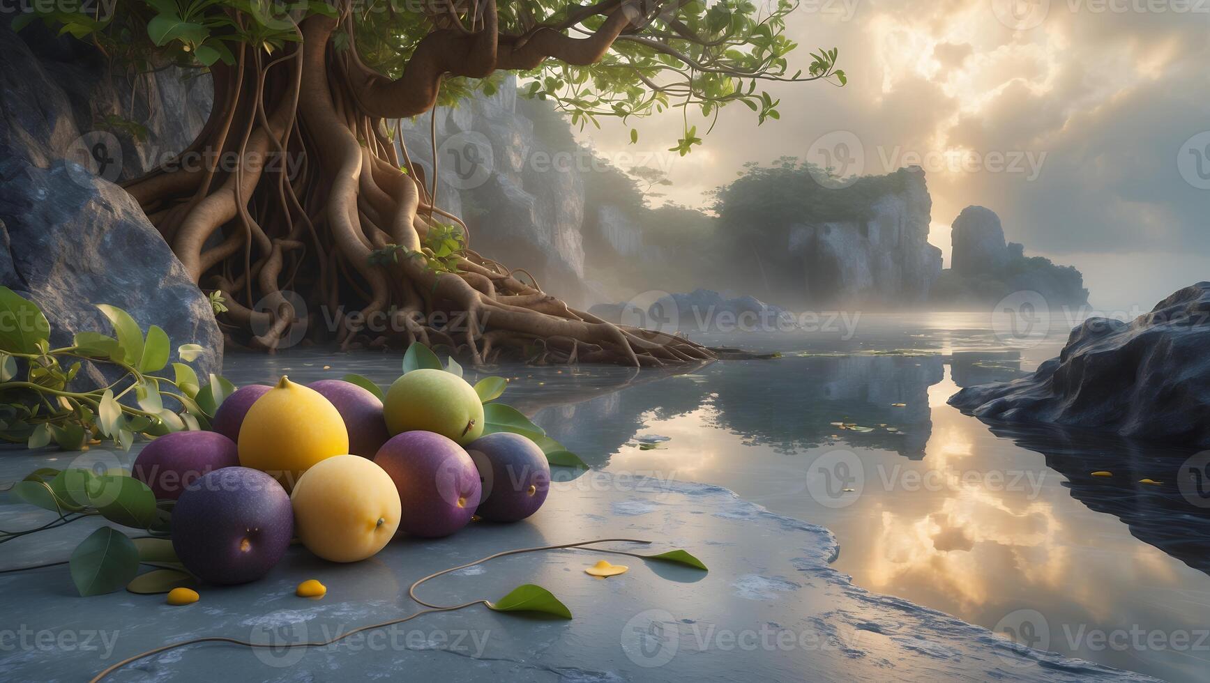 Arrangement of Colorful Fruits by Tranquil Lake with Atmospheric Mist photo