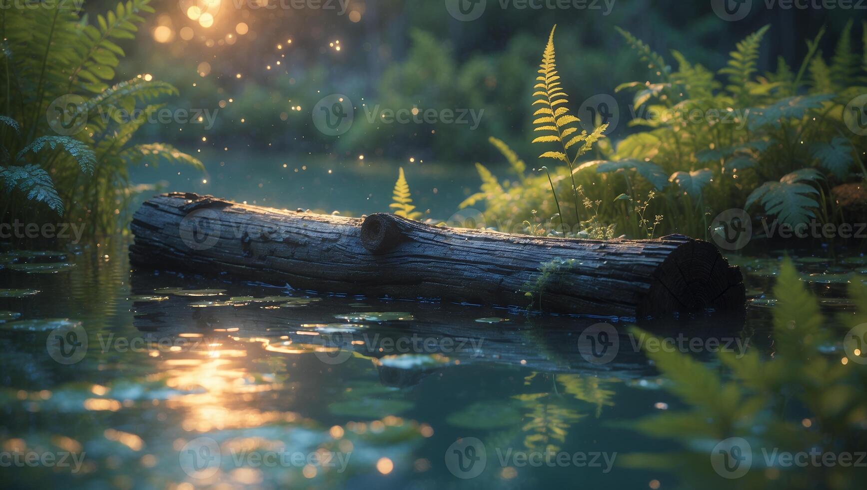 Fallen Tree Log in Calm Water with Ferns and Warm Light photo