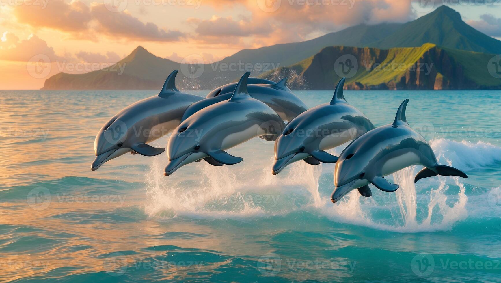Dolphins Jumping From Ocean Water at Sunset with Island Backdrop photo
