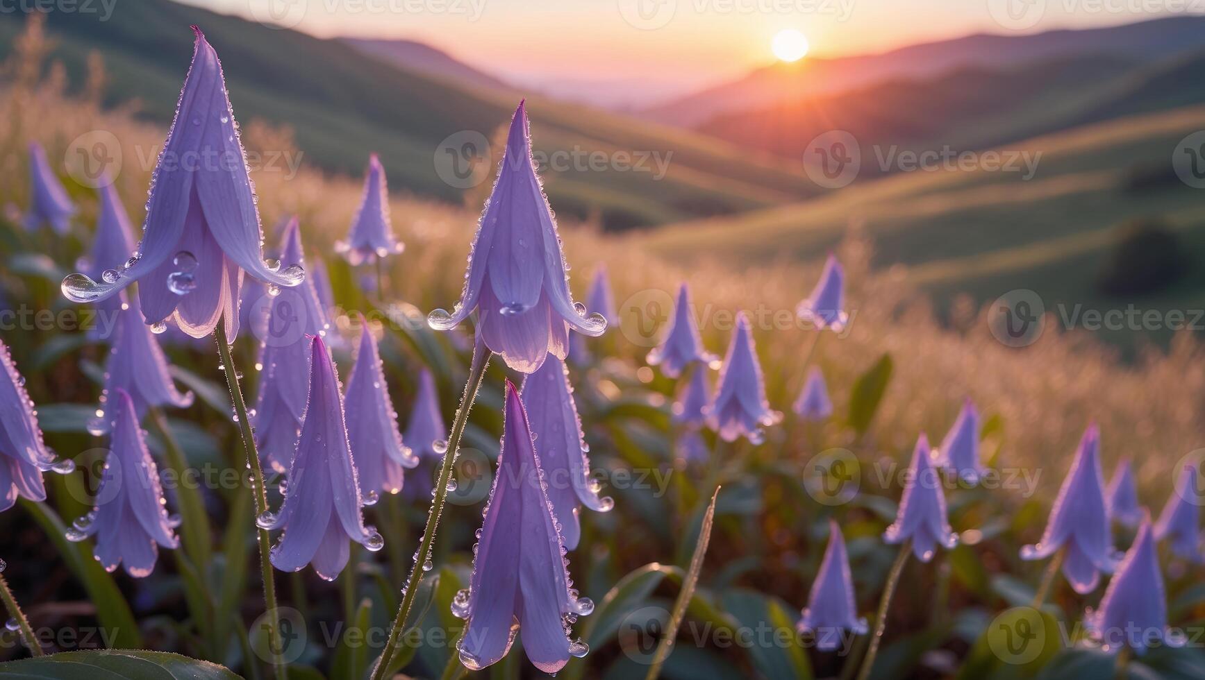 Purple Flowers with Water Droplets at Sunrise Over Rolling Hills photo