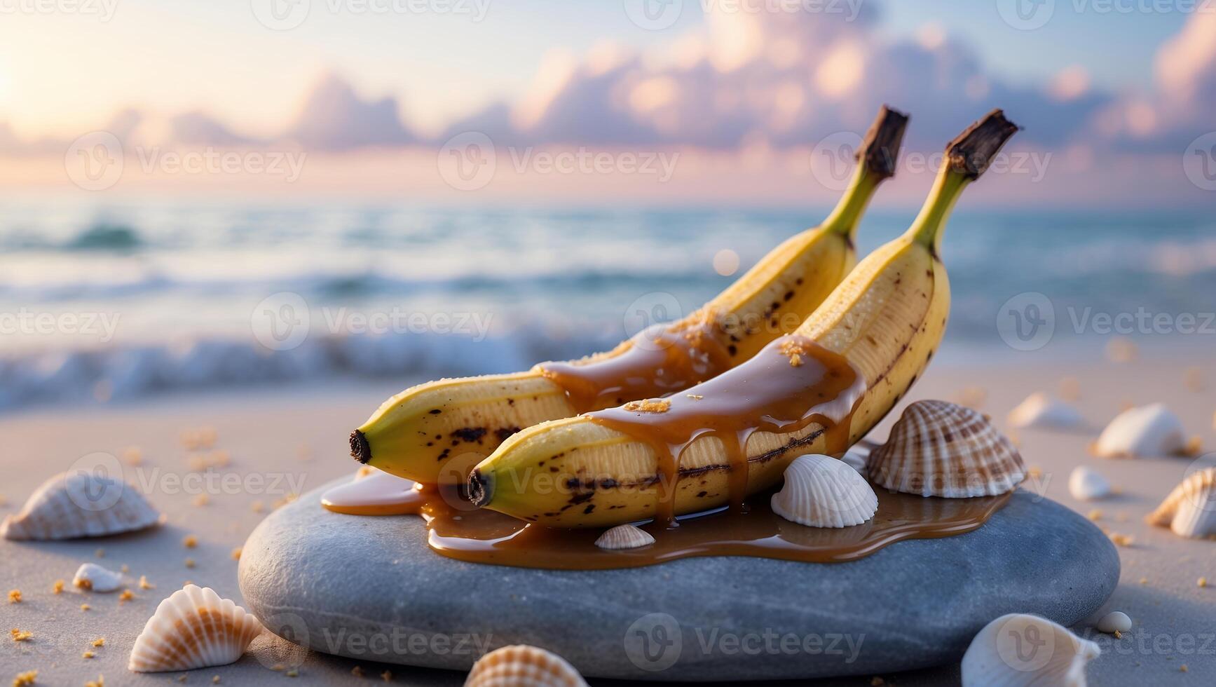 Bananas with Caramel on Stone at Beach with Seashells at Sunset photo