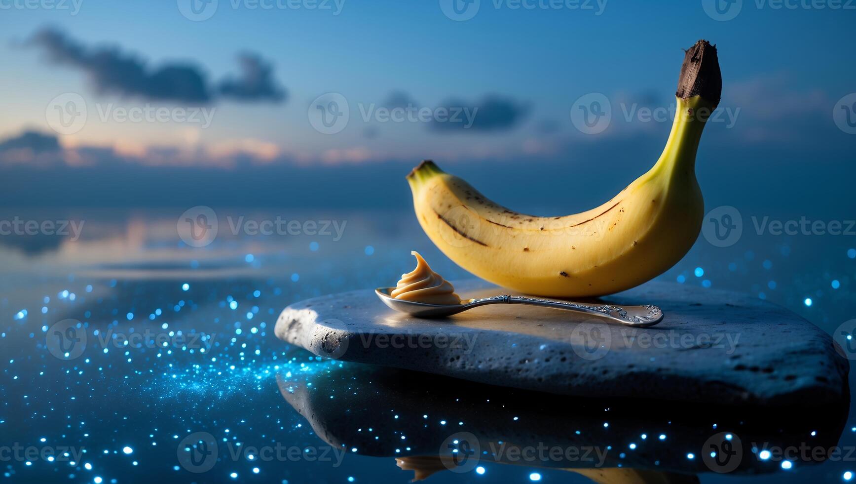 Banana and Peanut Butter Snack on Stone Plate with Ocean View photo