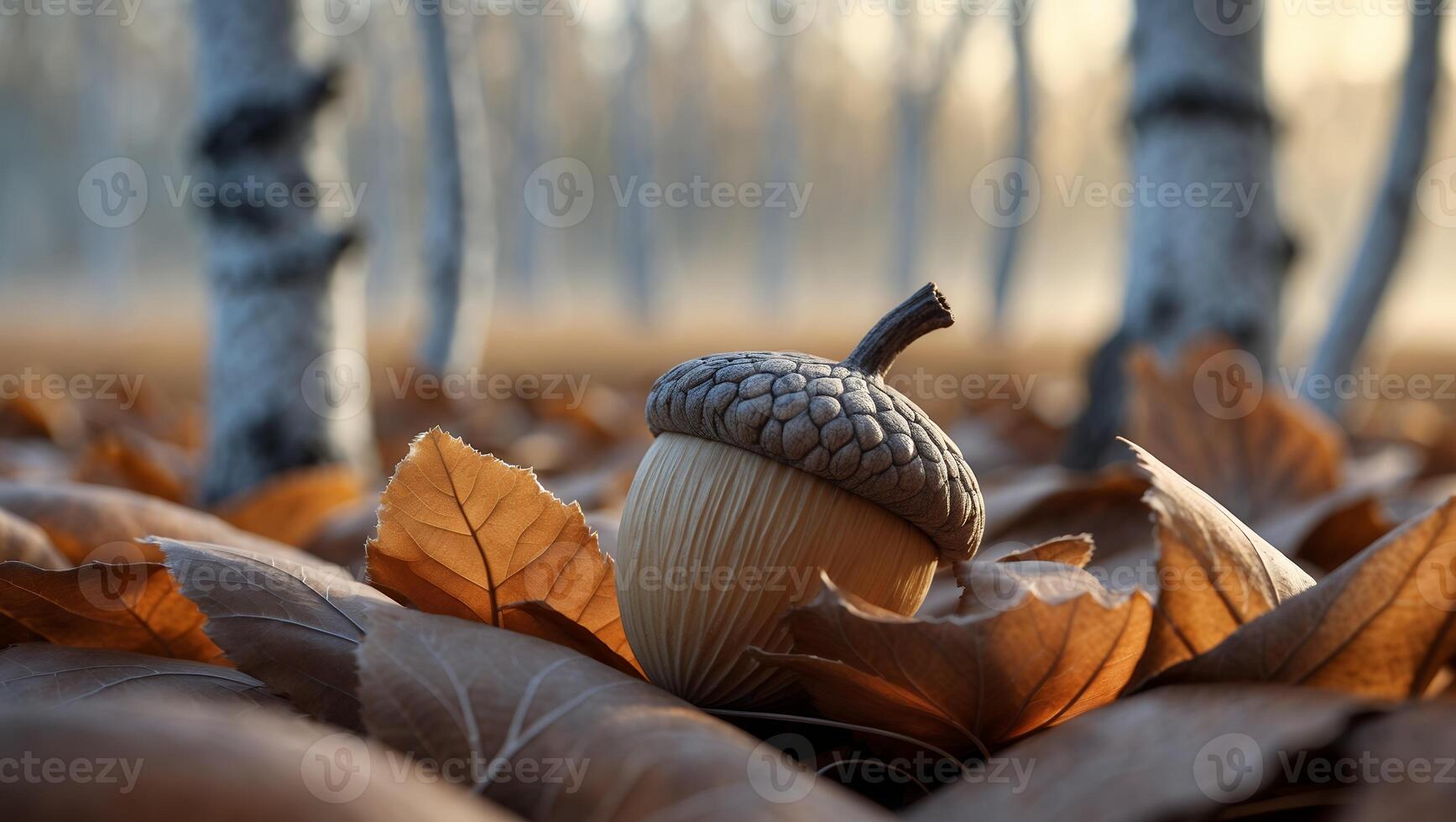 Acorn Resting Among Fallen Leaves in Autumn Forest Setting photo