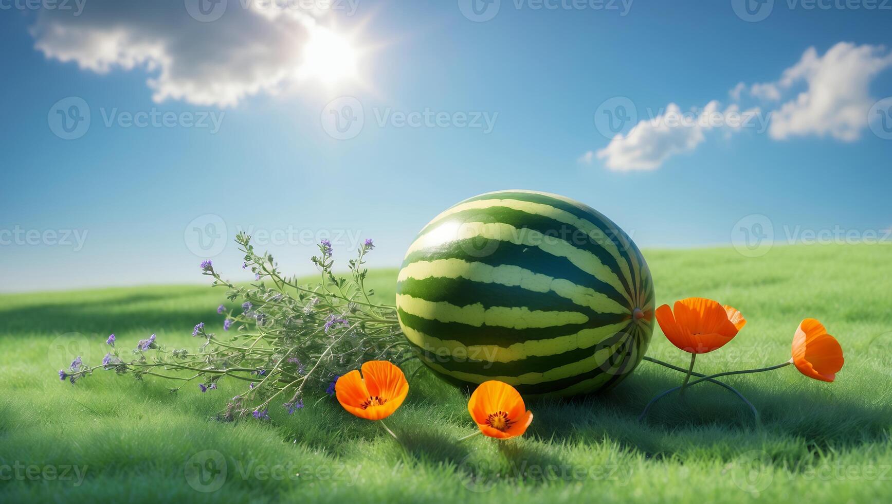 Watermelon with Flowers Laying on Green Grass Field Under Blue Sky photo