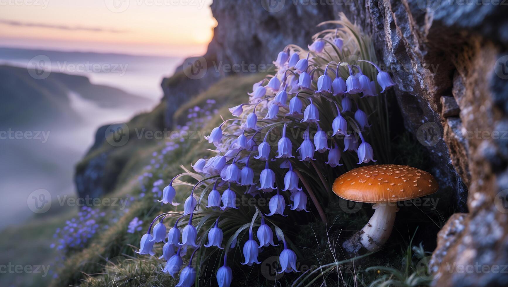 Bluebell Flowers and Mushroom on Rocky Hillside with Misty Valley photo