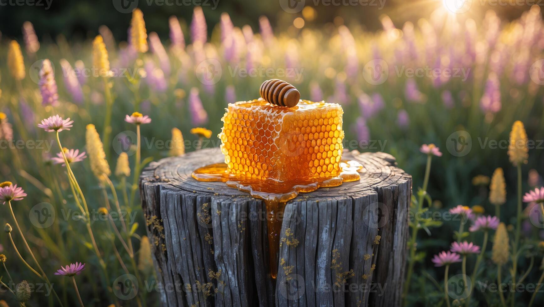 Honeycomb on Tree Stump with Honey Dipper in Summer Field photo