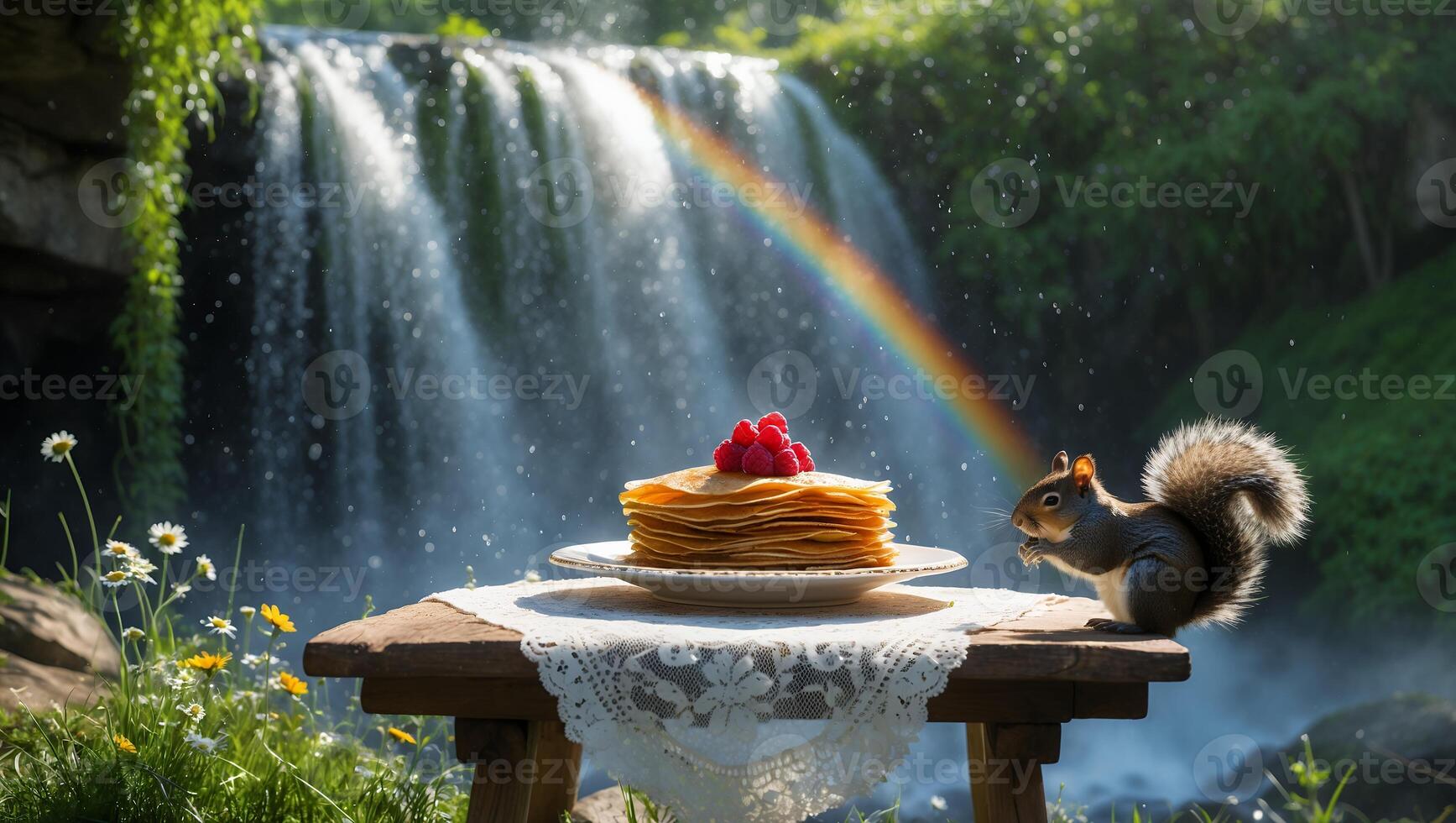 Pancakes by Waterfall with Rainbow and Squirrel in Sunny Meadow photo
