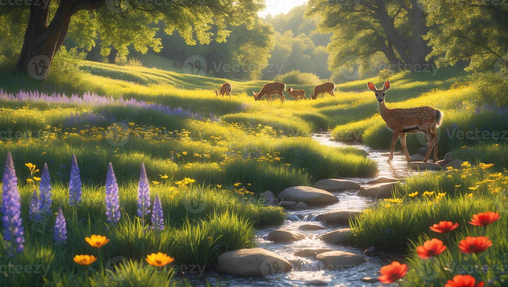 Deer Drinking From Stream Flowing Through Meadow with Wildflowers photo