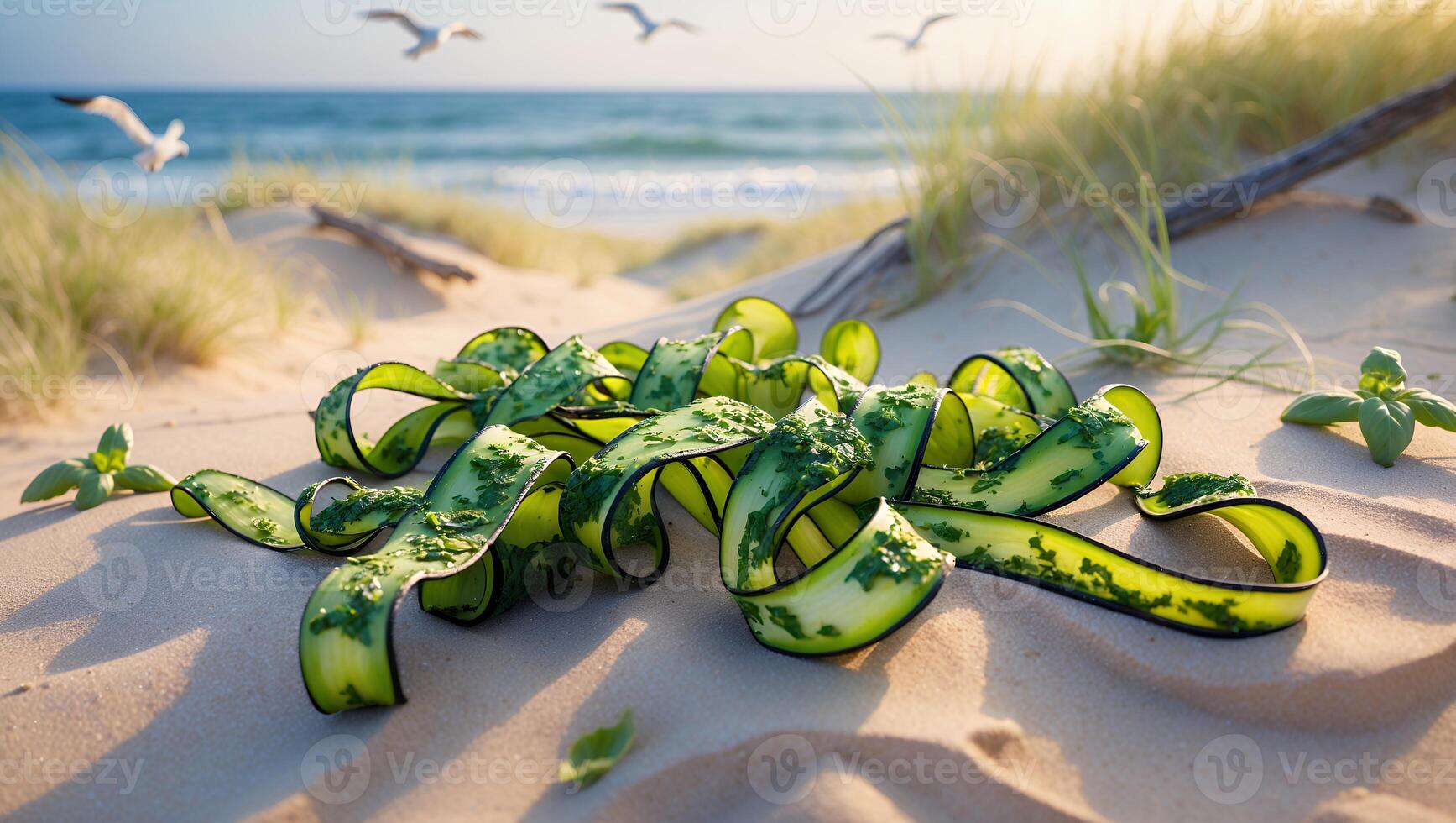Zucchini Ribbons on Sand with Seagulls at Beautiful Seaside photo