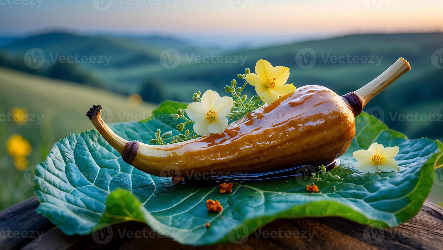Plating of an Exotic Fruit with Flowers and a Scenic View photo