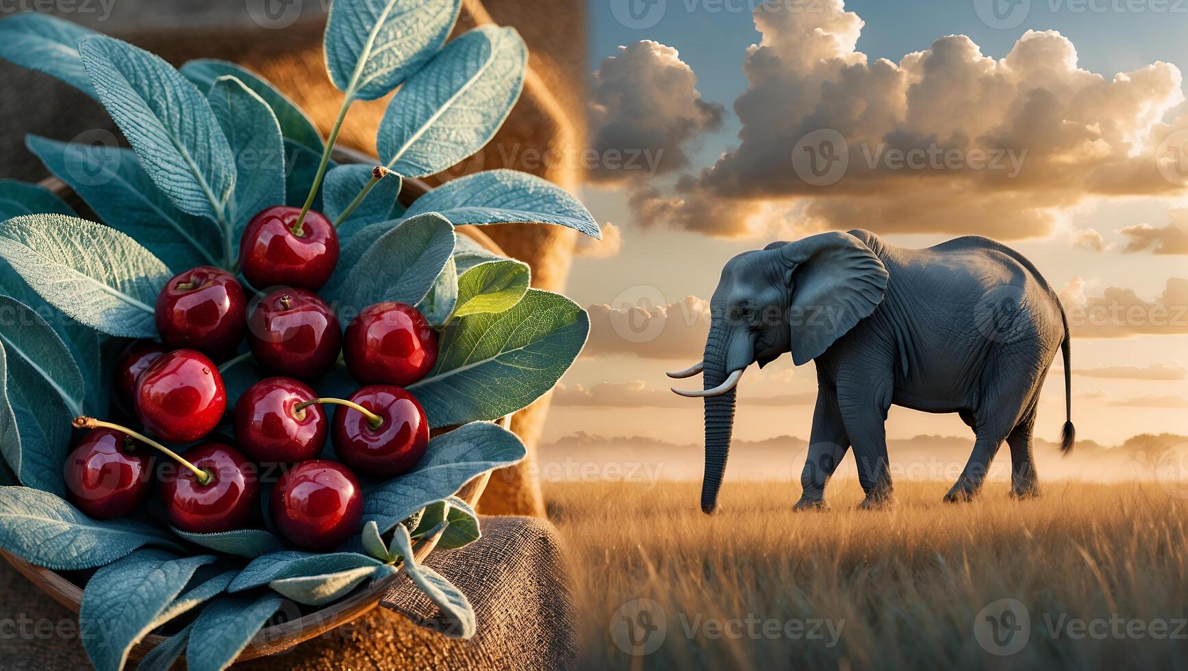 Fresh Cherries with Green Leaves and an Elephant in Savannah photo
