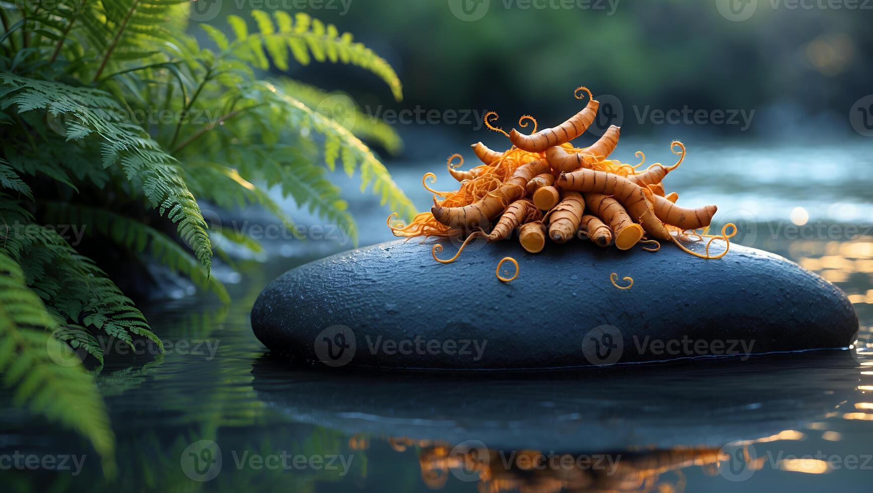 River Rock with Root Vegetables and Ferns in Natural Setting photo
