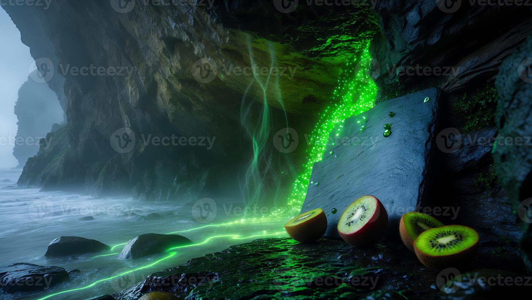 Kiwi Fruit on Rocky Coastline with Green Light Display photo