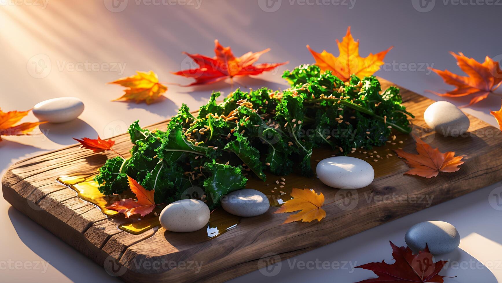 Arranged Kale Salad with Maple Leaves and Smooth River Stones photo