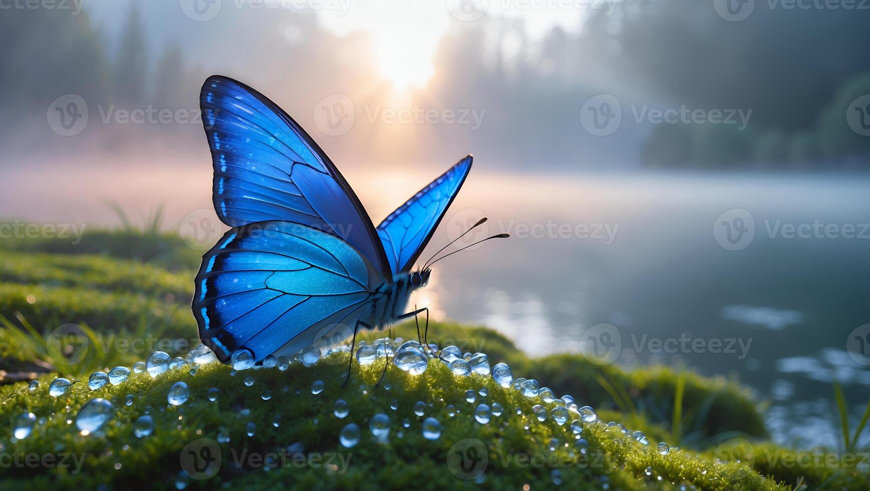 Blue Butterfly Resting on Dewy Moss Near Lake at Sunrise photo