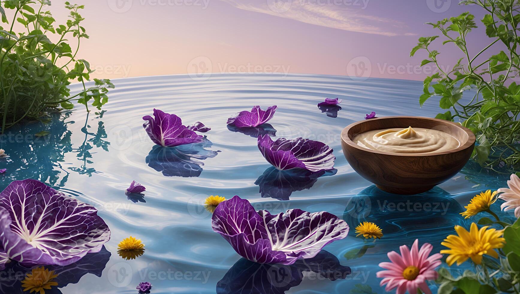 Floating Cabbage Leaves and Flower Petals with Bowl in Surreal Water photo