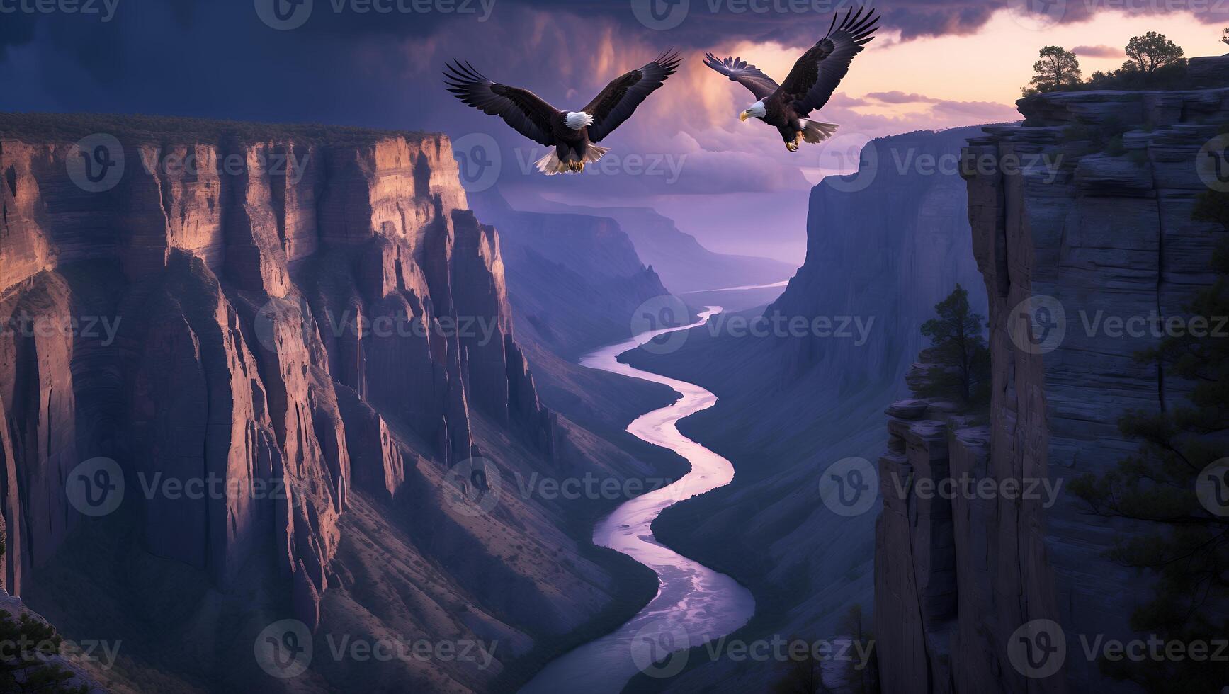 Eagles Soaring Over Majestic Canyon River Landscape at Twilight Time photo