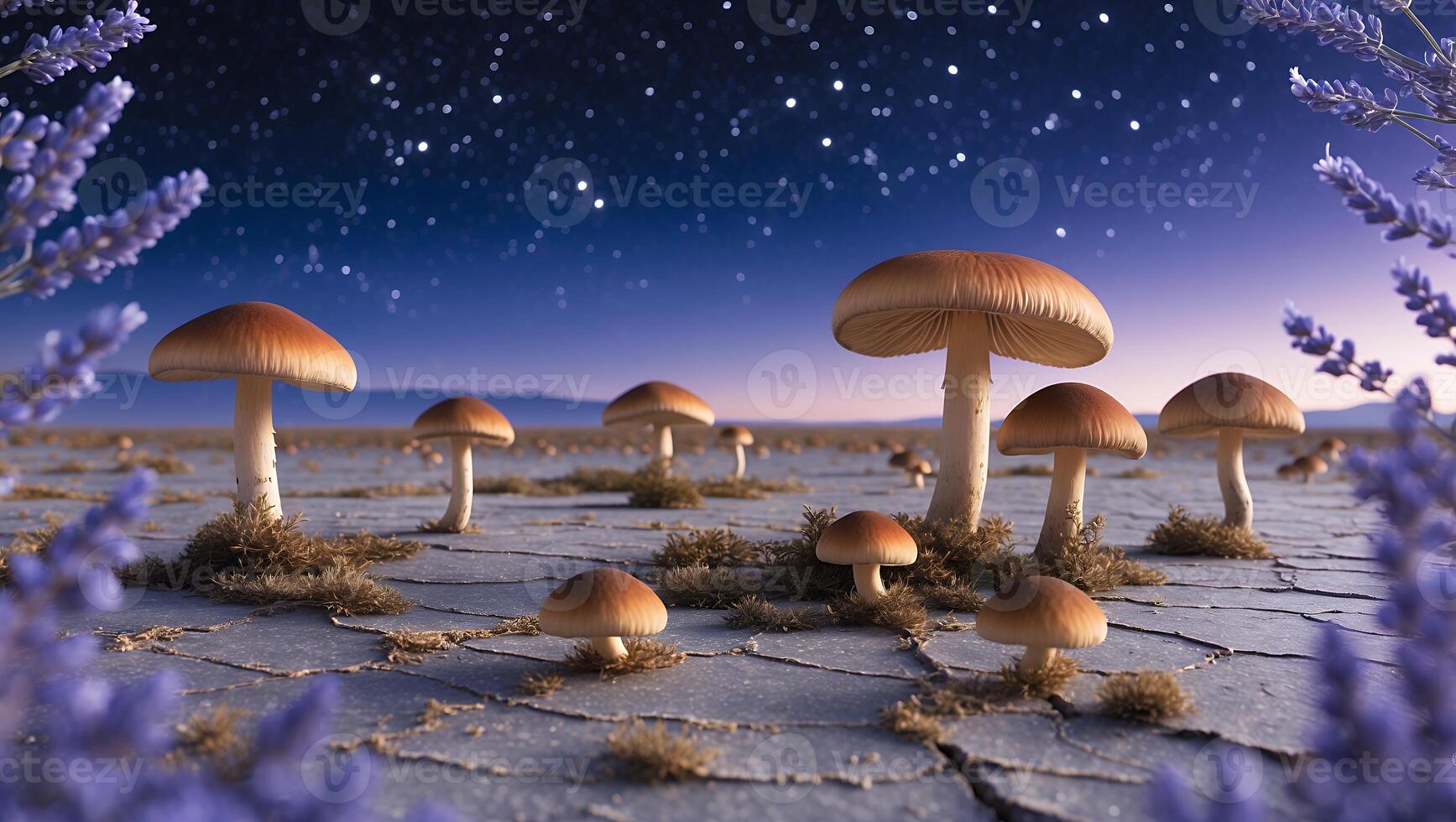 Mystical Mushroom Field Under Starry Night Sky with Lavender Plants photo