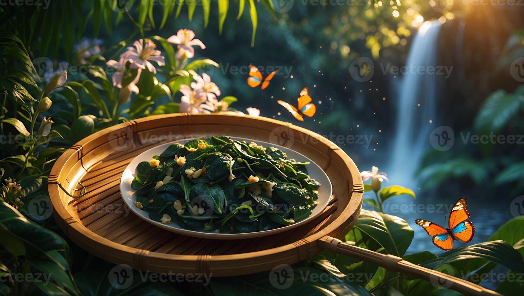 Serving Spinach Salad on Tray with Waterfall and Butterflies photo