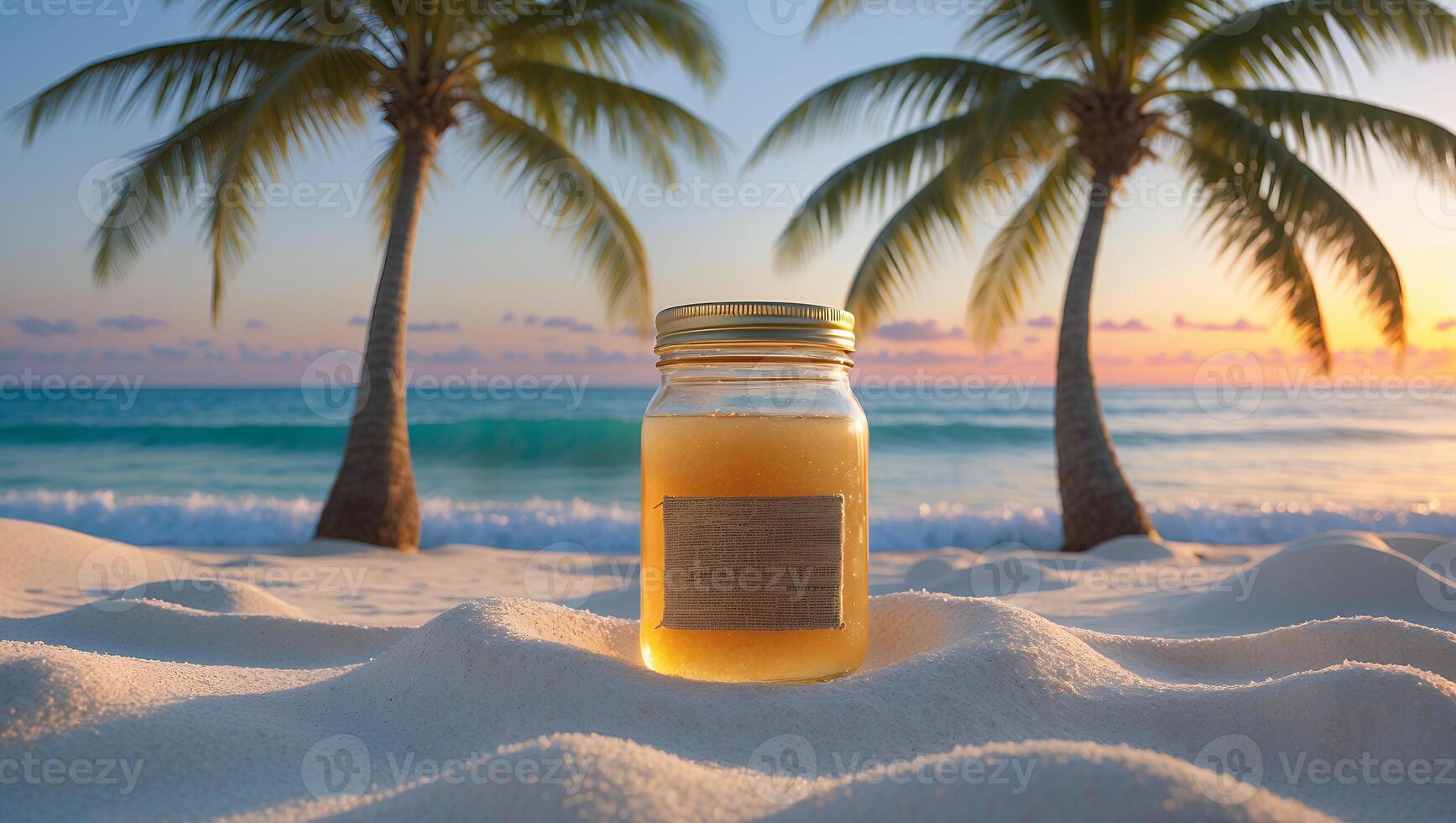 Jar on Beach with Palm Trees Ocean Sunset Calm Tropical Scene photo