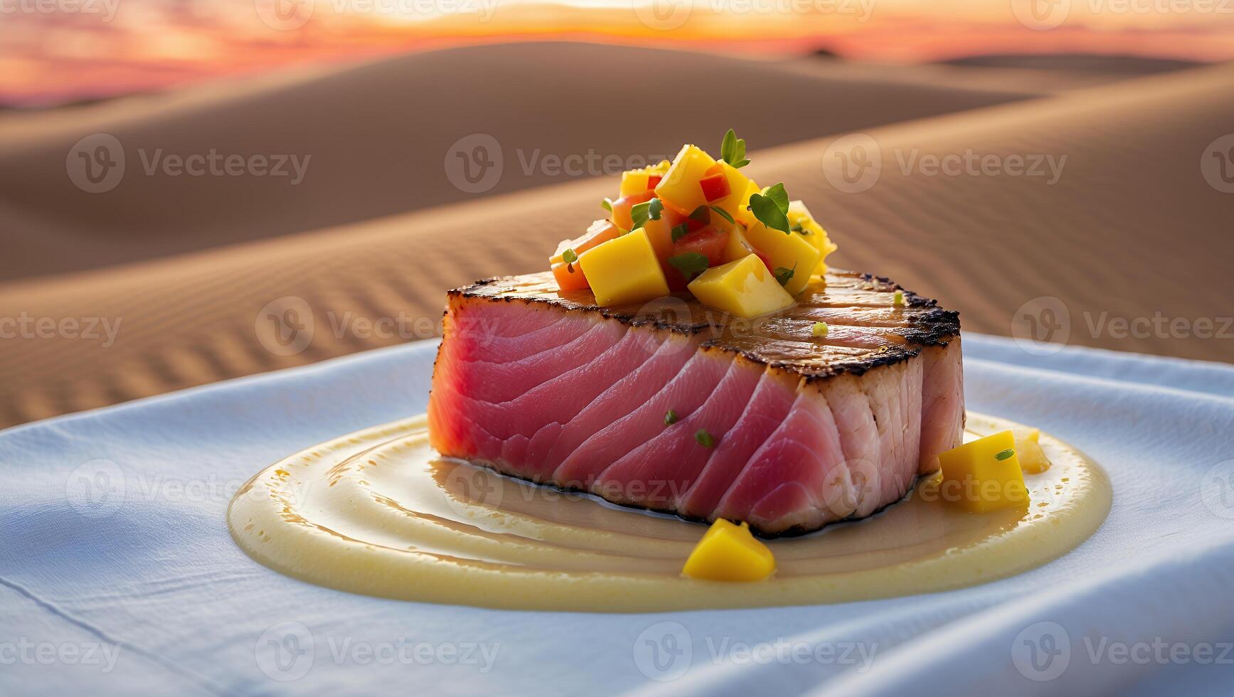 Grilled Tuna Steak with Mango Salsa Served in Desert Landscape photo