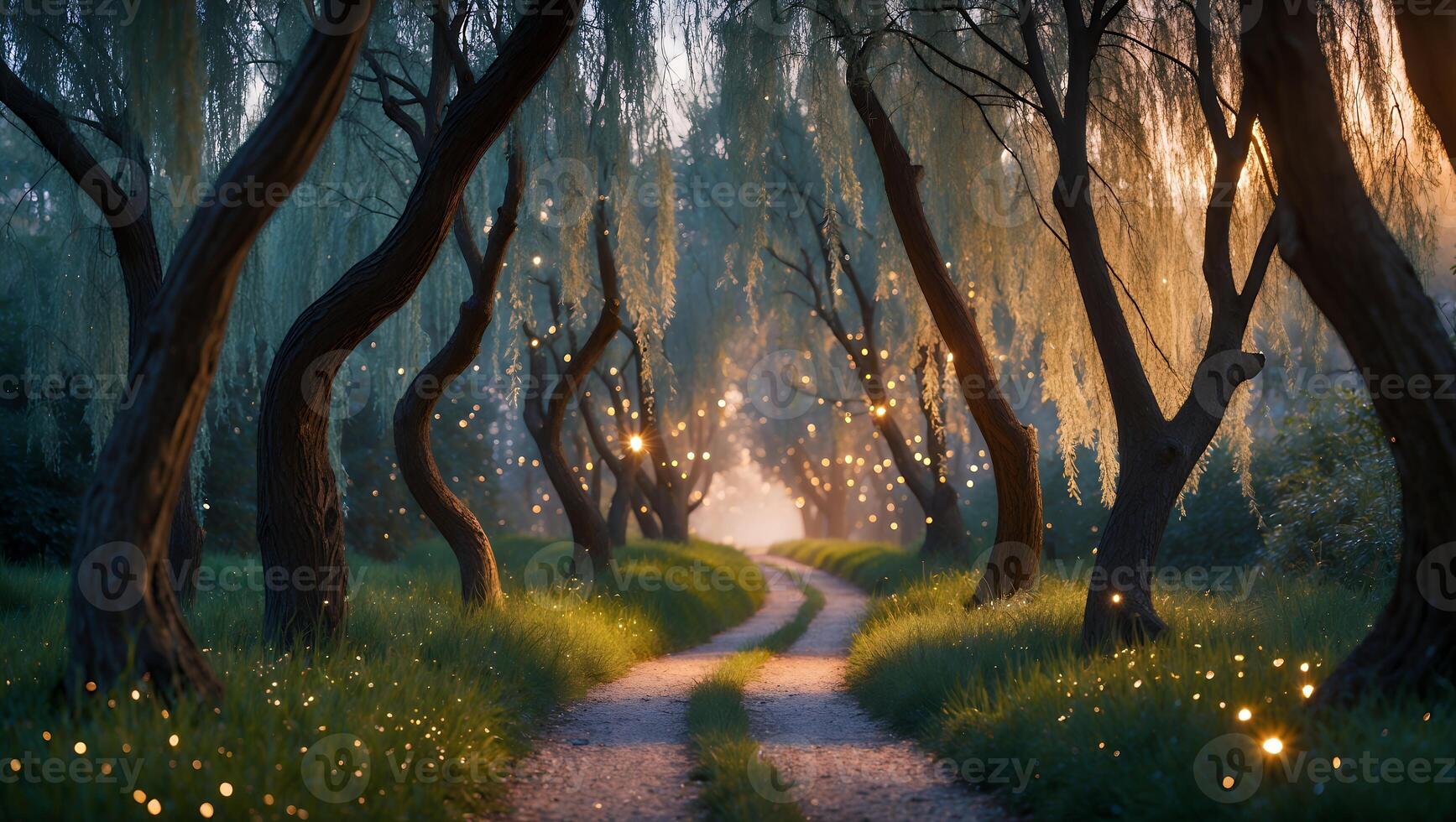 Walking Along a Magical Forest Path with Willow Trees and Lights photo