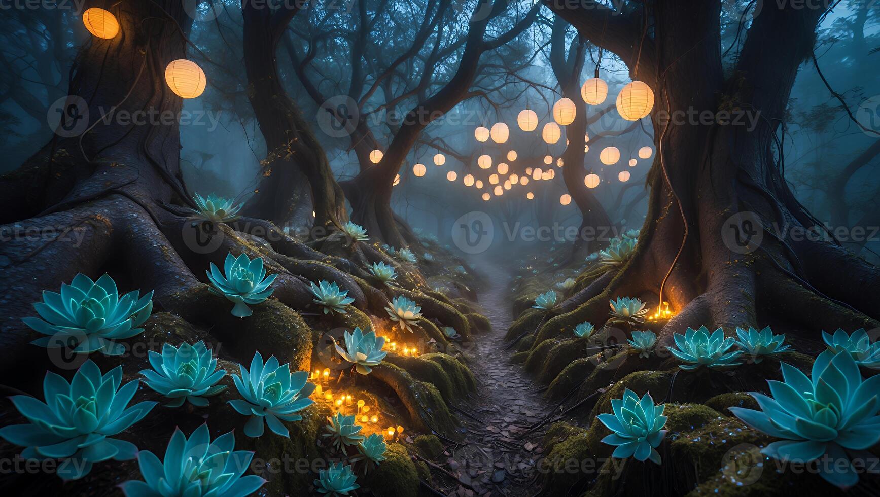 Walking Through Magical Forest Path Lit by Paper Lanterns at Dusk photo